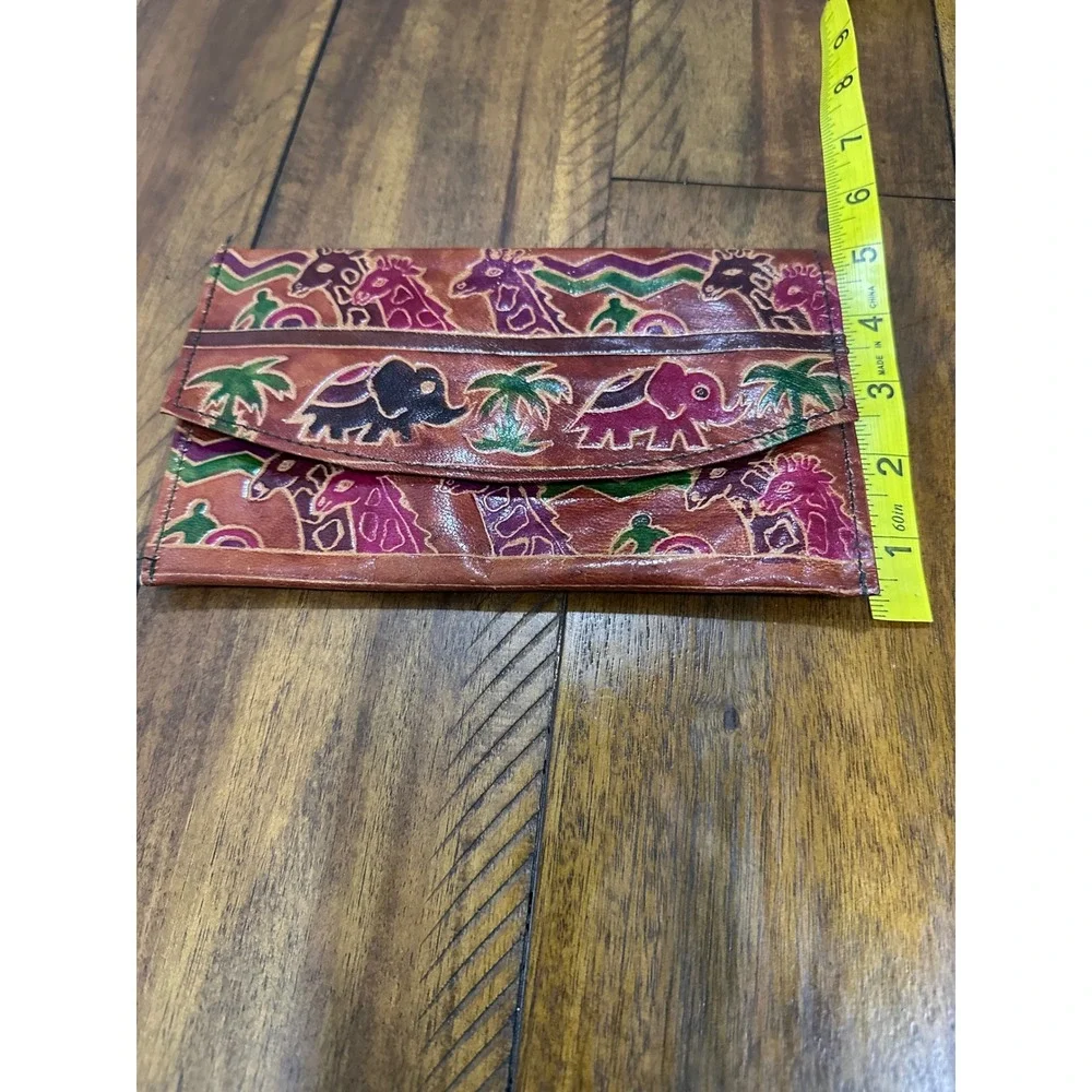 Unbranded Hand Painted Leather Animal Clutch Wallet Elephant Giraffe India Boho